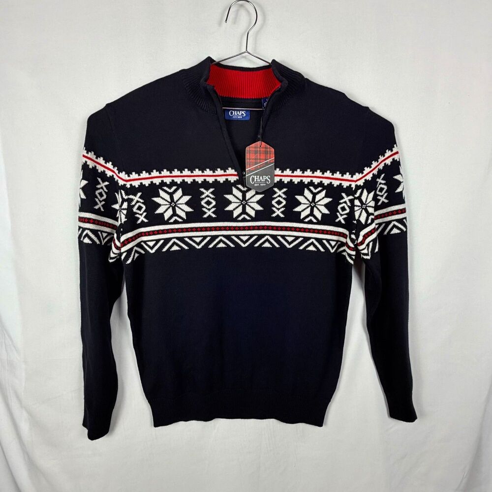 CHAPS Black Holiday Quarter Zip Sweater Snowflake Red/Black Mens Size L
